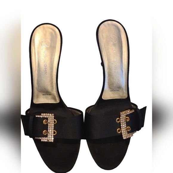 St. John Odessa Satin Mules, Crystal Buckle Black & Gold Heels | 8B - Picture 1 of 14